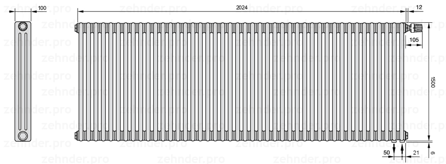 Схема (чертеж) Радиатор Zehnder Charleston 3150/44 №V002 Белый глянцевый RAL 9016